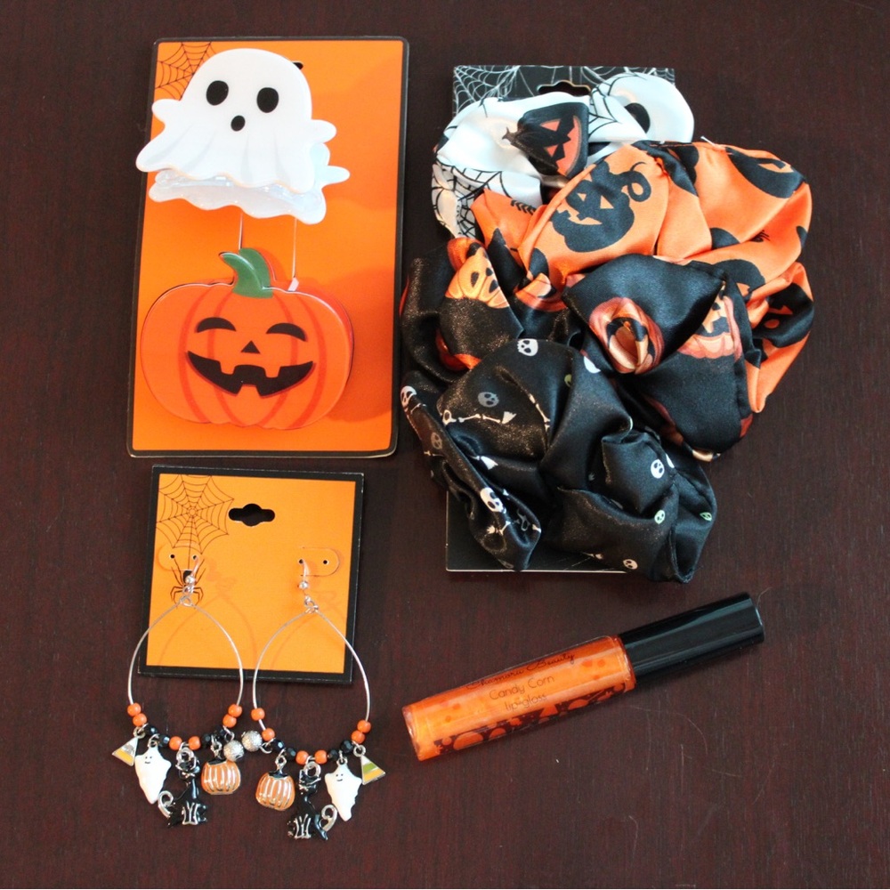 Halloween Accessories Bundle Hair Clips Scrunchies Earrings Candy Corn Lip Gloss